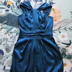 Davids Bridal Womens Bridesmaid Pleated Midi Formal Dress Satin Navy Blue Sz 10